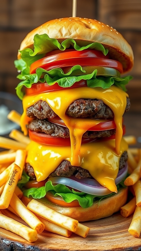 A juicy grilled cheeseburger with melted cheddar, lettuce, tomato, and pickles on a toasted bun, served with fries.